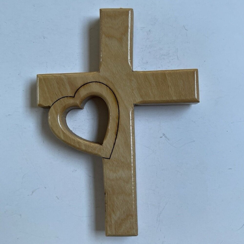 Wooden Cross Wall Hanging Decor Christian Heart Natural